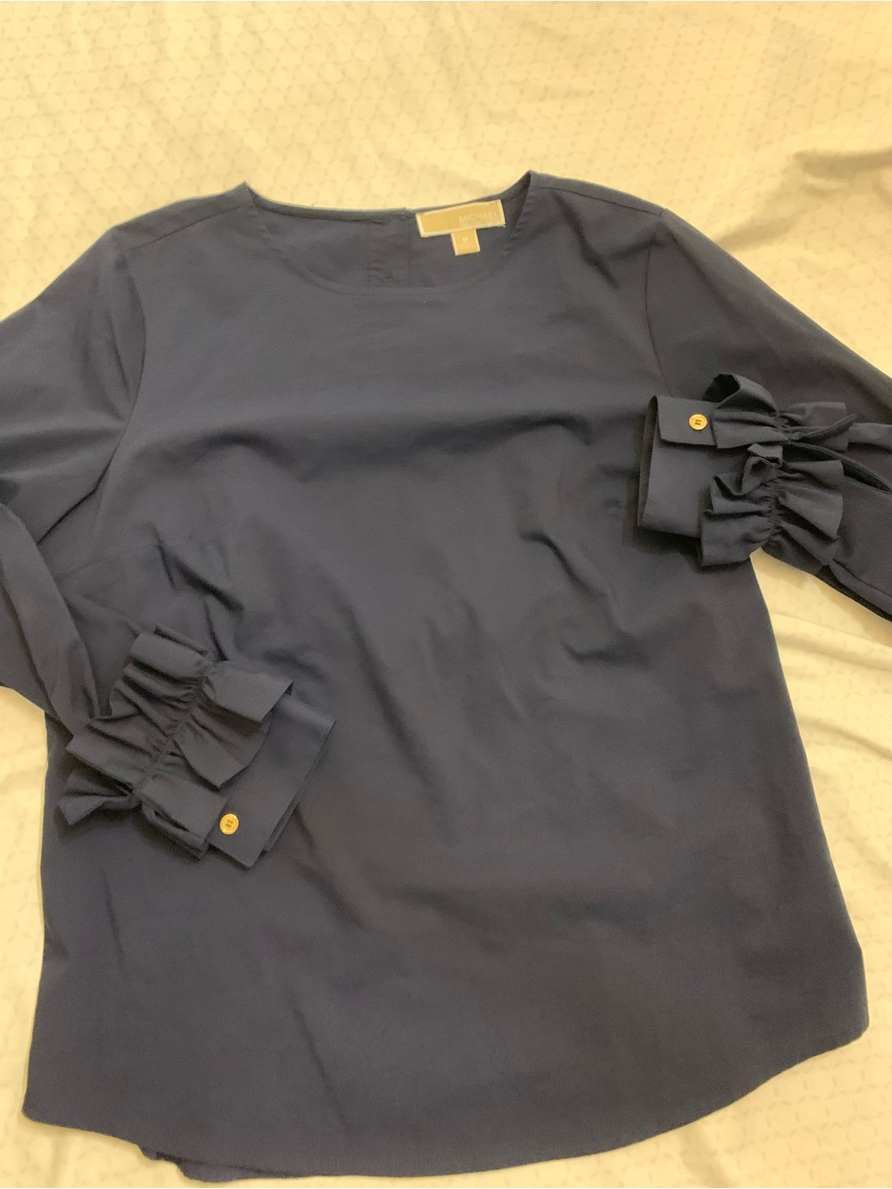 Michael Kors Navy Ruffle-Cuff Blouse with Gold Buttons